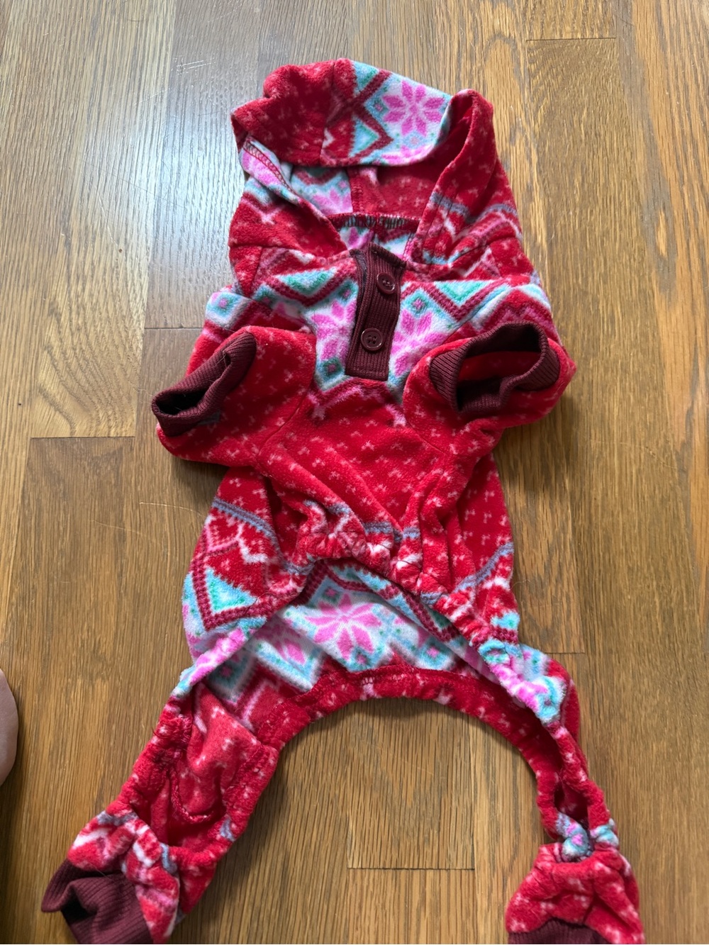 Dog Hooded One-Piece Pajama - Red Winter Pattern